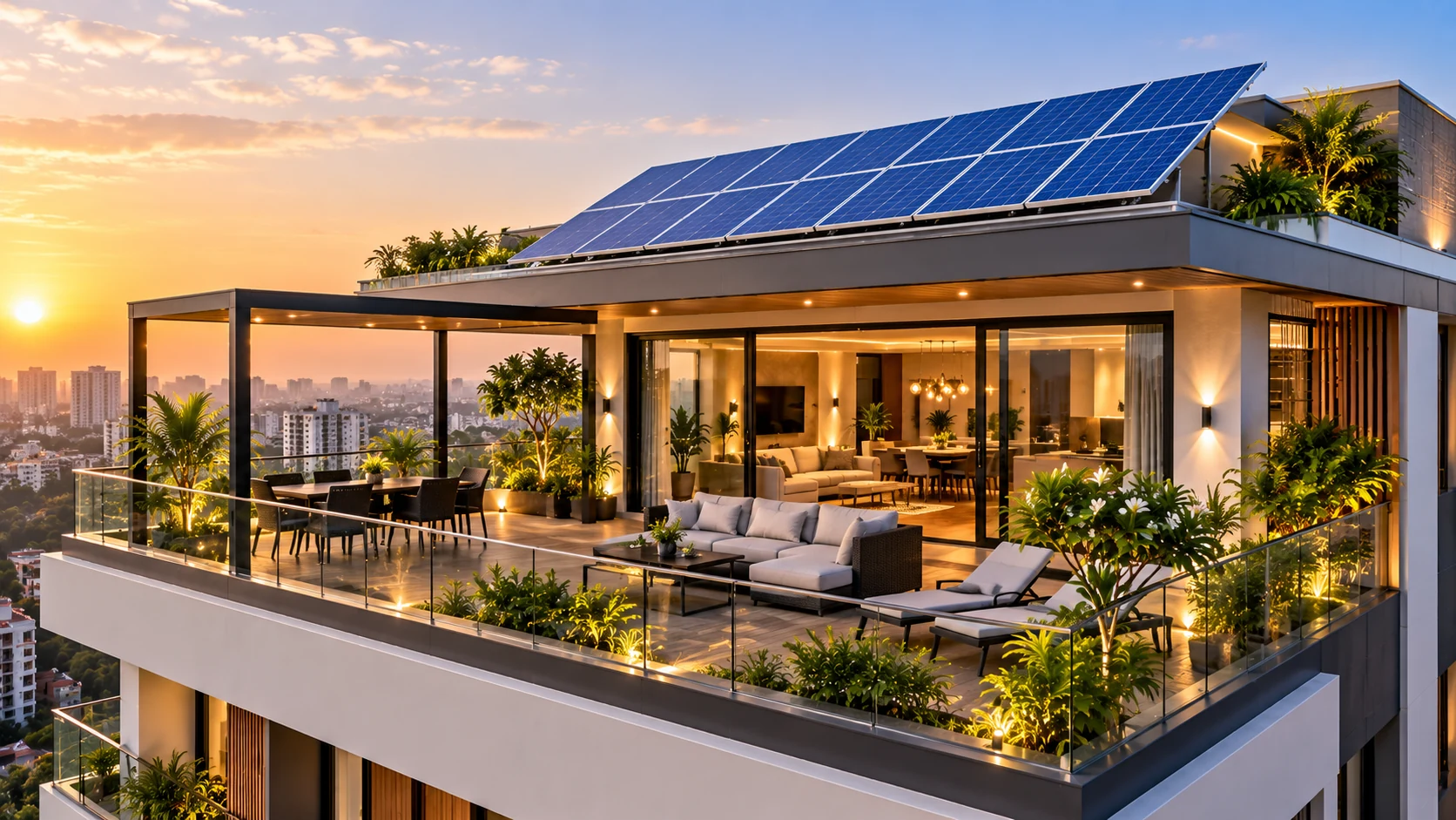 High-efficiency solar array on a penthouse rooftop